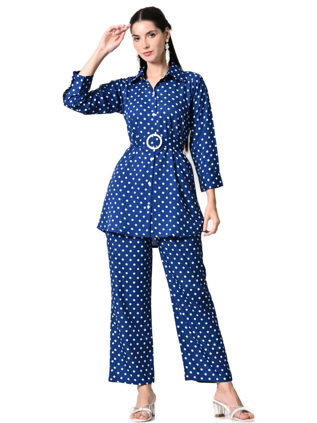 LIBOZA Women Blue And White Casual Shirt Collar Three-Quarter Sleeves Cotton Kurta Set