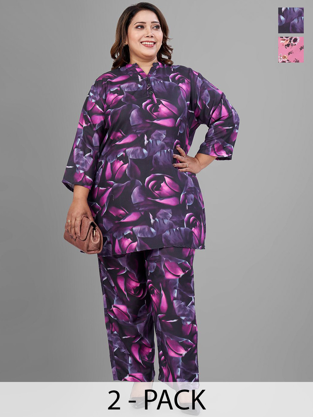 TITTLI Plus Size Printed Mandarin Collar Tunics & Trousers