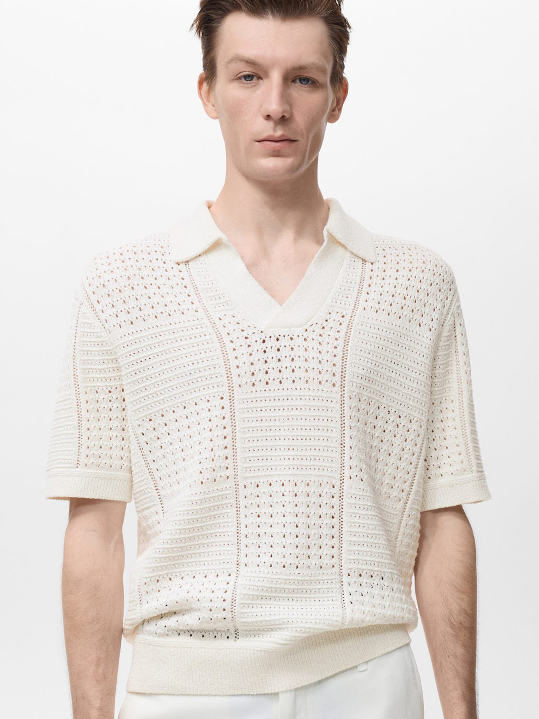 MANGO MAN Polo Collar Open Knit T-shirt