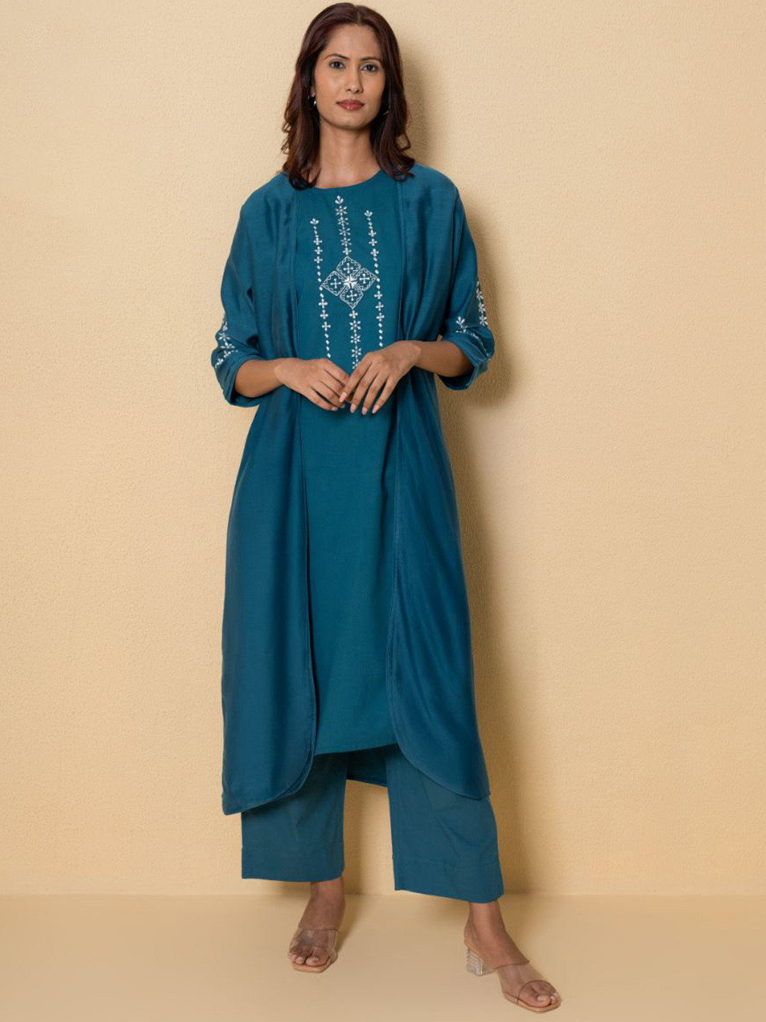 Kameez by Pooja Kejriwal Women Teal Blue Floral Embroidered Cotton Kurta Set