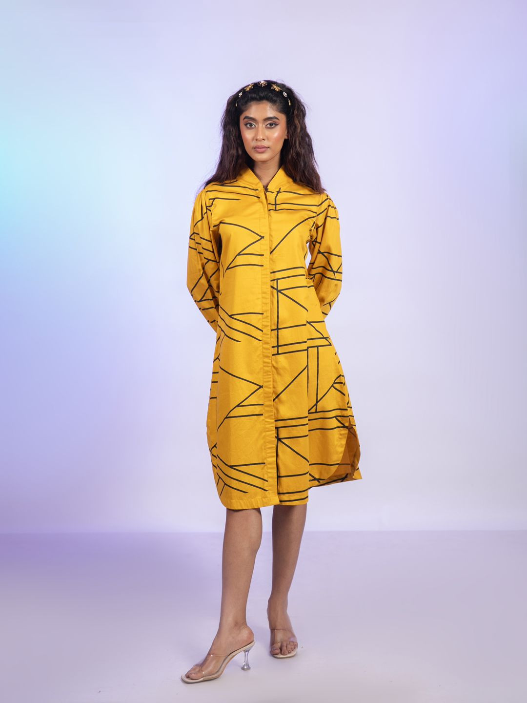 SANGRIA SOUL Women Abstract Print Mandarin Collar Puff Sleeves Shirt Dress