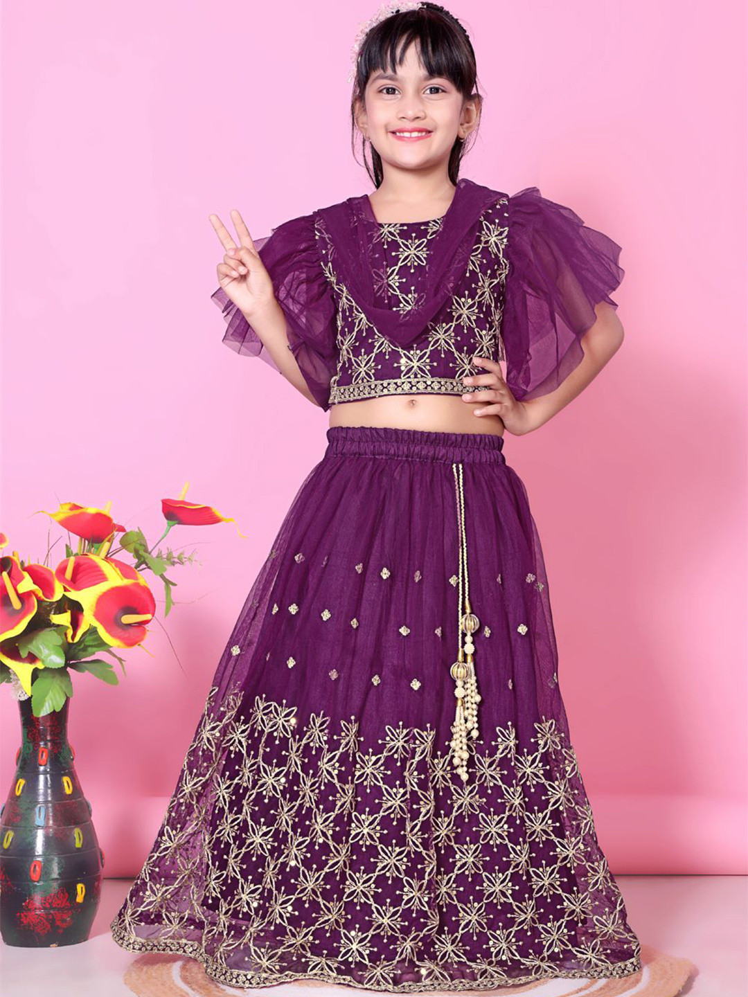 satyamfab Girls Embroidered Thread Work Ready to Wear Lehenga & Blouse With Dupatta