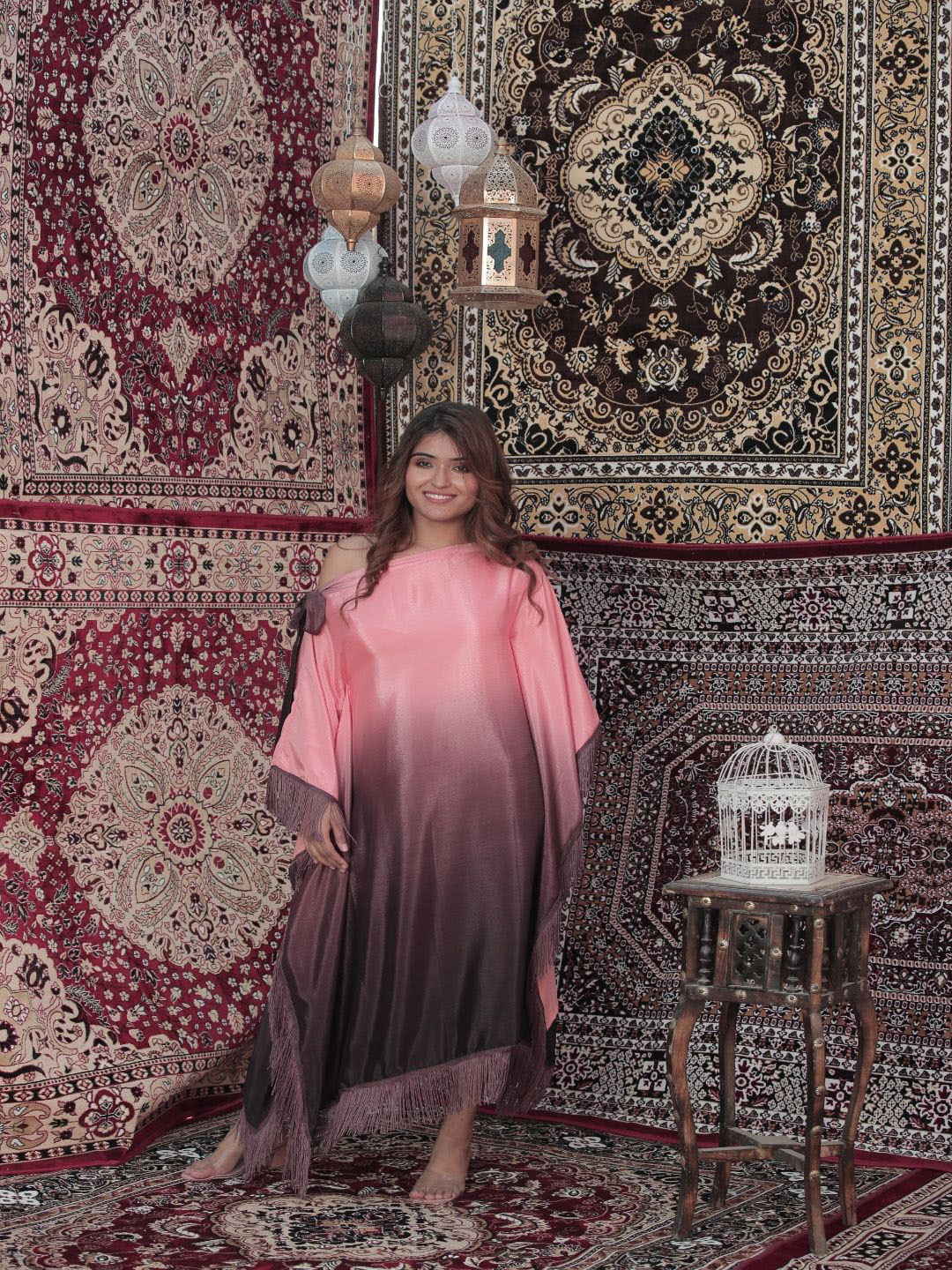 STYLESHIFT Women Tie and Dye Batwing Sleeve Fringed Satin Kaftan Maxi Dress