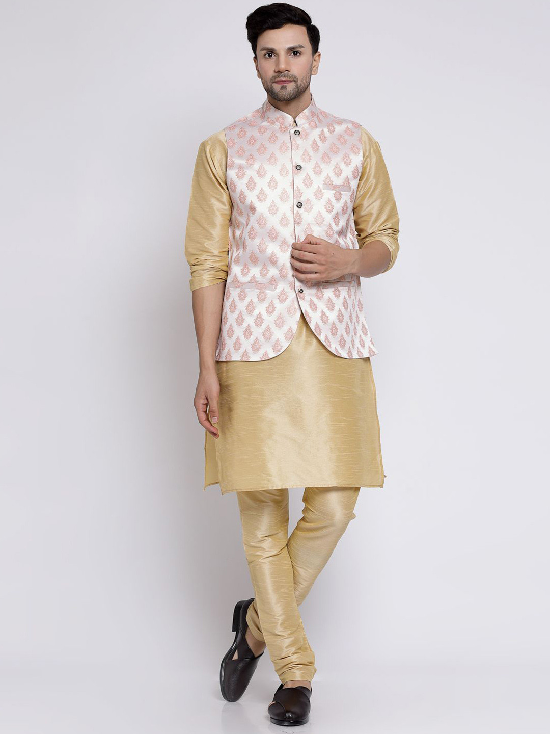 TS LIFESTYLE Mandarin Collar Straight Kurta With Churidar & Nehru Jacket