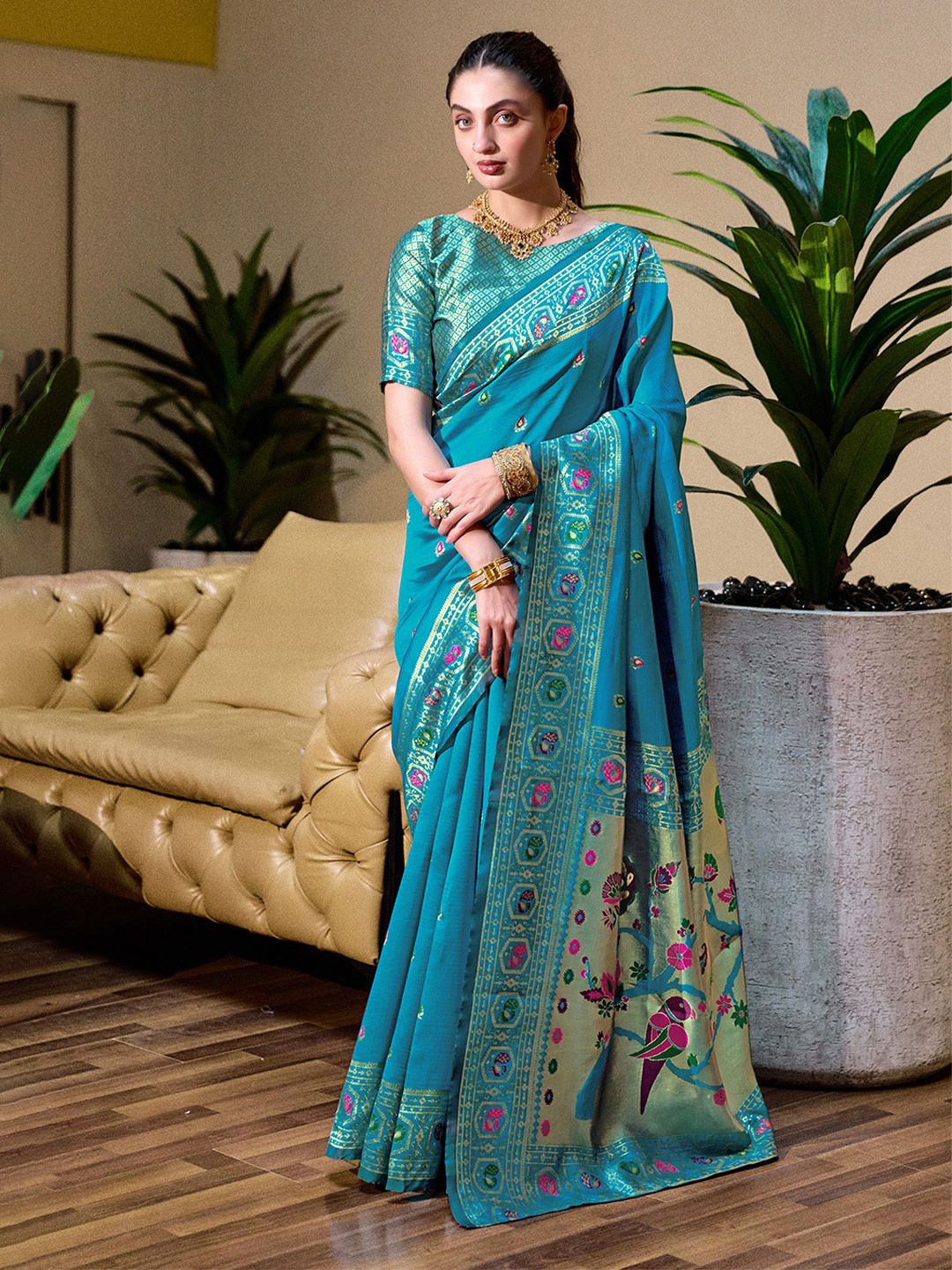 elora Floral Woven Design Paithani Saree with Zari Border