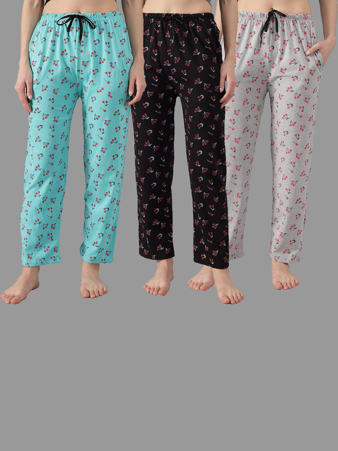 FIT N FAME Women Multi Colored Pack of 3 Printed Cotton Pyjama Lounge Pants
