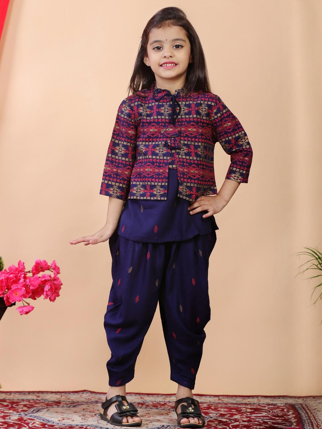 Flyfinns Girls Printed Rayon Kurta Dhoti Jacket Set