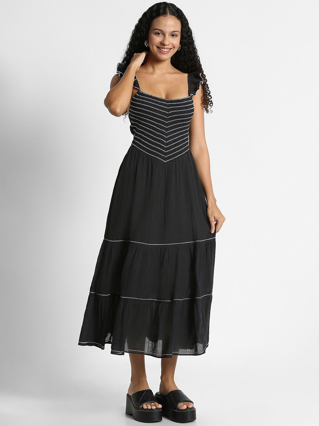 AMERICAN EAGLE OUTFITTERS Women Embroidered Sleeveless Cotton Fit & Flare Midi Dress