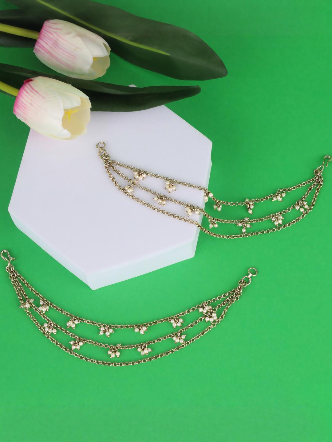 SALONI FASHION JEWELLERY Set of 2 Gold Plated Traditional Stylish 3 String Long Ear Chain