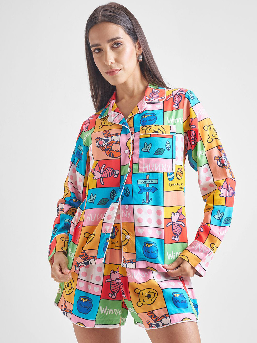 Tokyo Talkies Disney Winnie The Pooh Printed Lapel Collar Shirt With Shorts