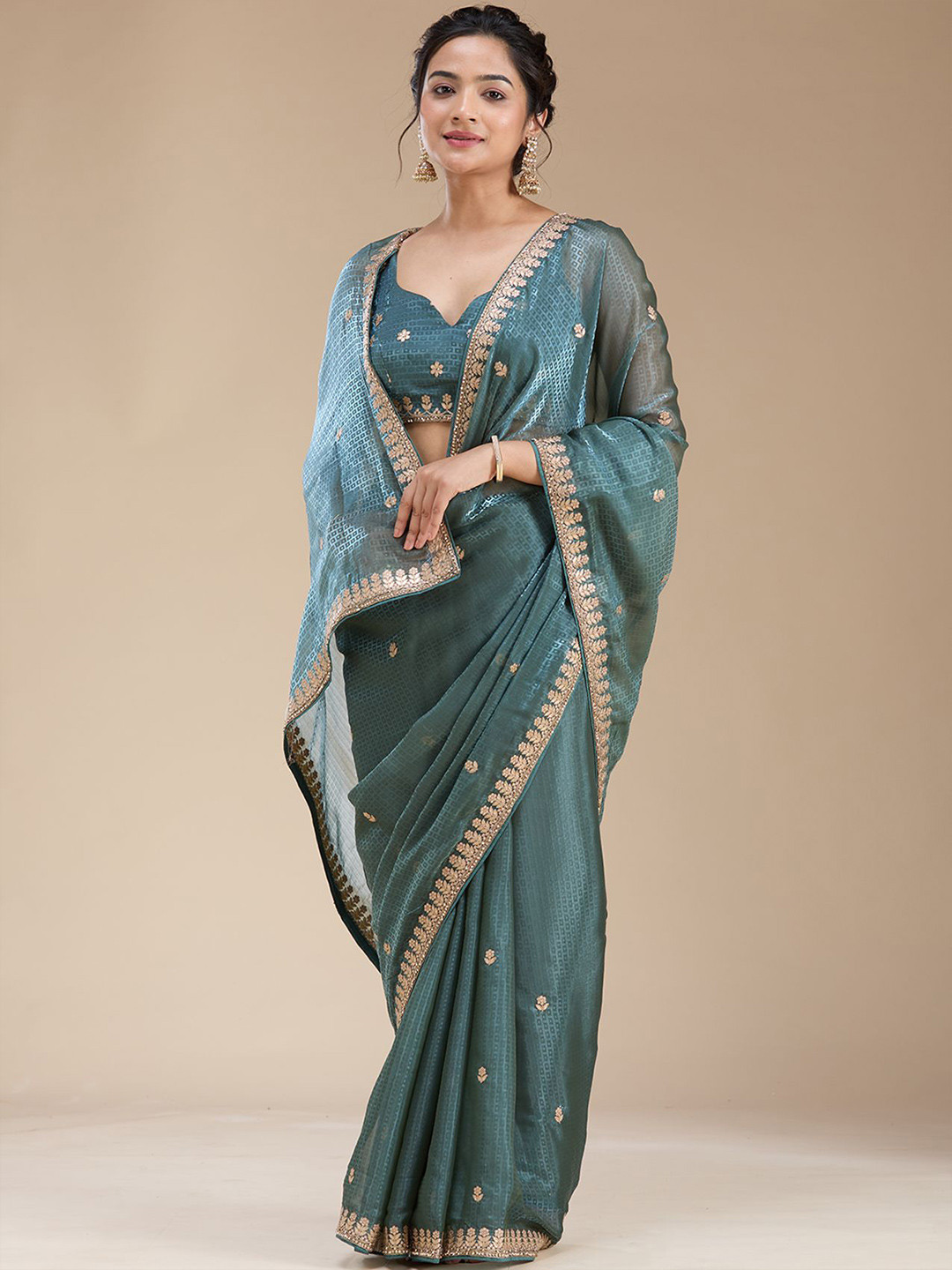 Koskii Teal Green Gotapatti Organza Saree