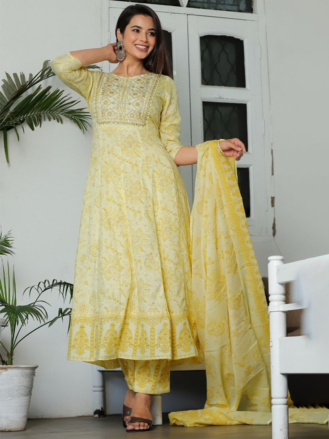 PAARDINI Floral Printed Sequinned Round Neck A-Line Kurta With Trousers And Dupatta