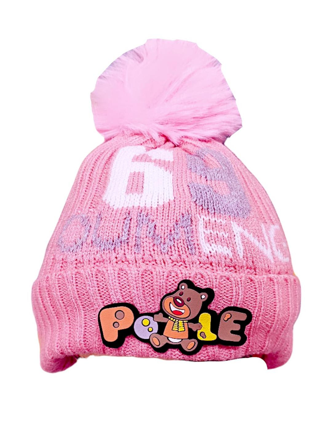Trubliz Kids Pink Self Design Pom Pom Beanie