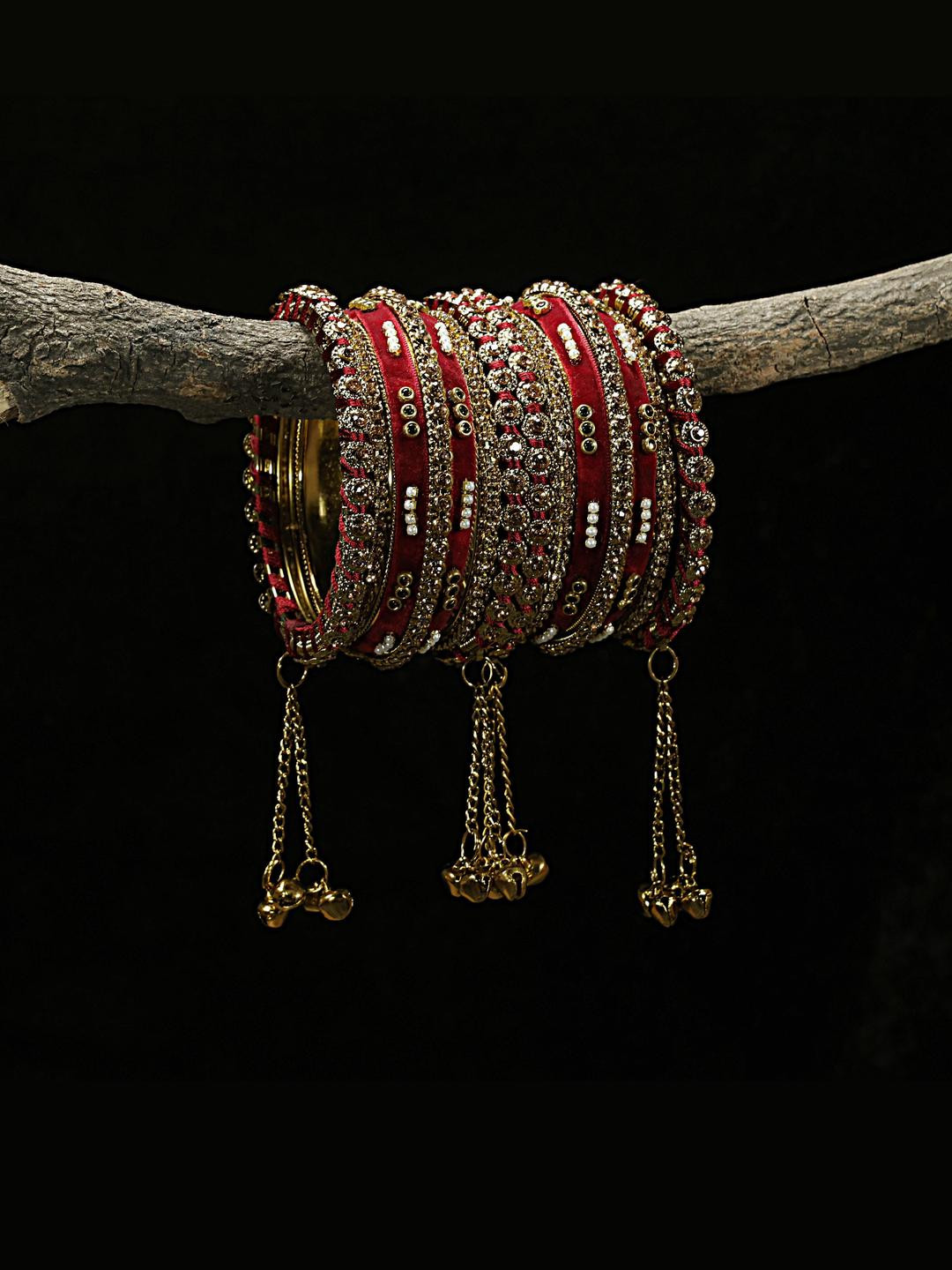Amika Women Pack of 10 Gold-Plated And Maroon Silk Thread Jhumka Charm Bangle Set