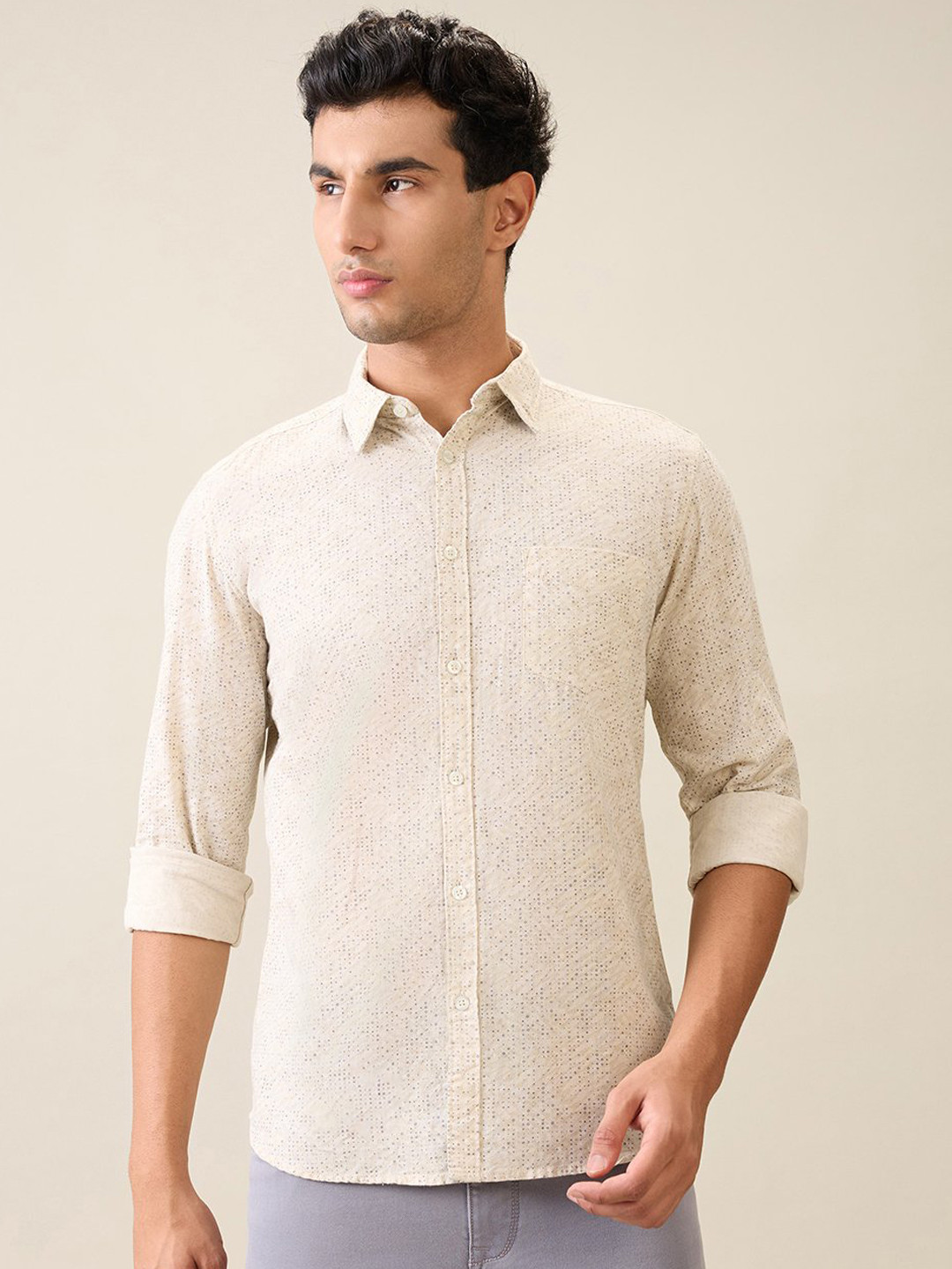 Parx Men Slim Fit Micro Ditsy Printed Spread Collar Cotton Casual Shirt