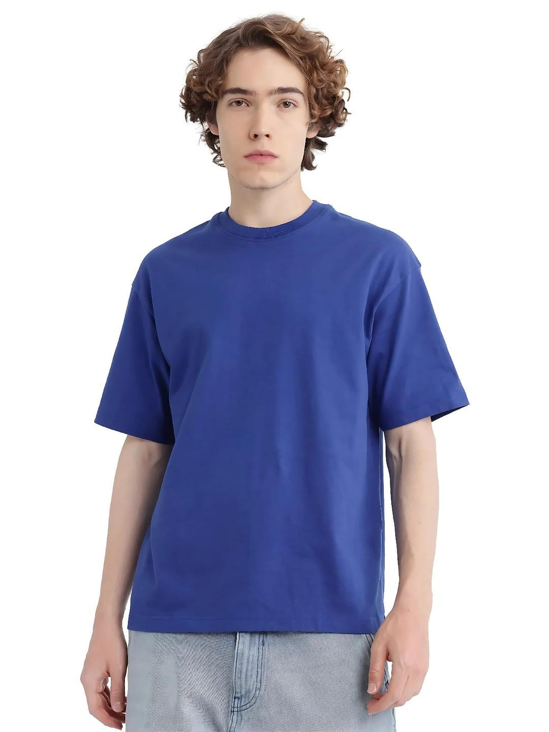 MEGAKART Men Royal Blue Pure Cotton Oversized Round Neck Short Sleeves T-shirt