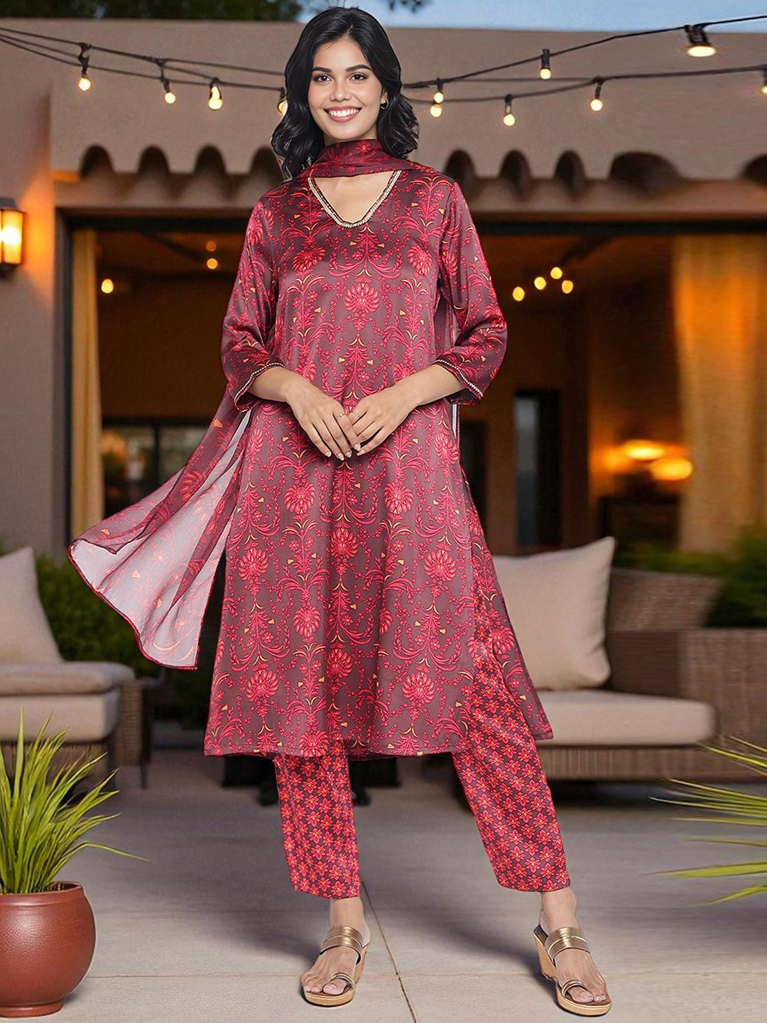 W Women Floral Printed Satin A-Line Kurta with Trouser & Dupatta