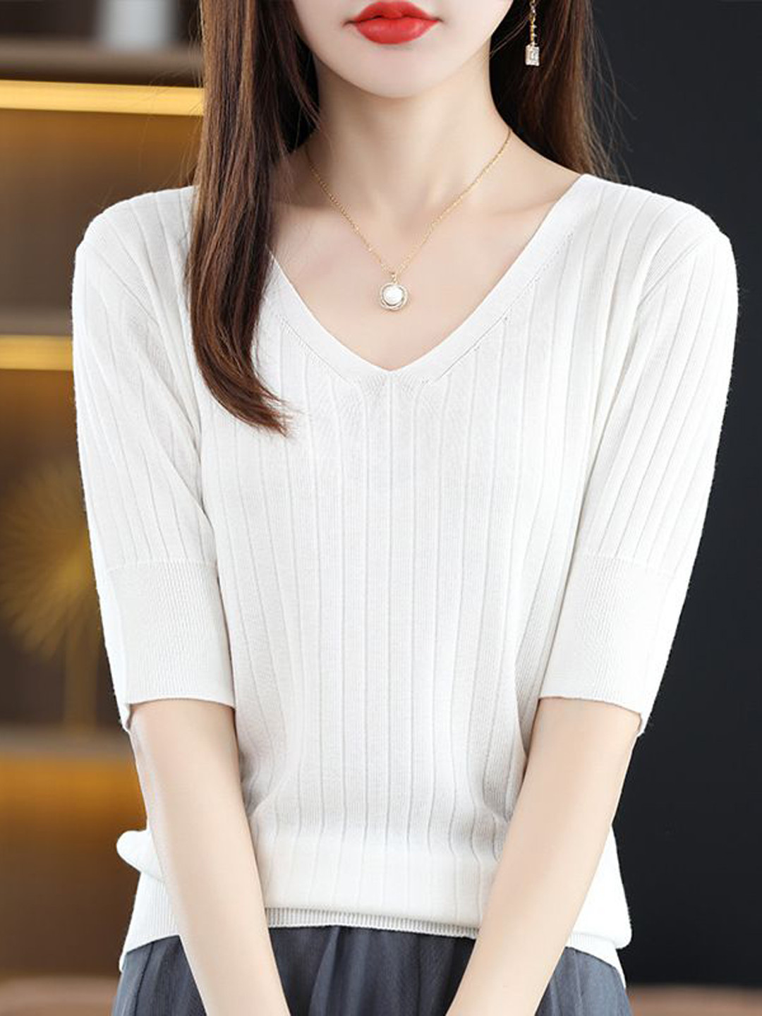StyleCast Women Striped Short Sleeve V-Neck Sweater Vest