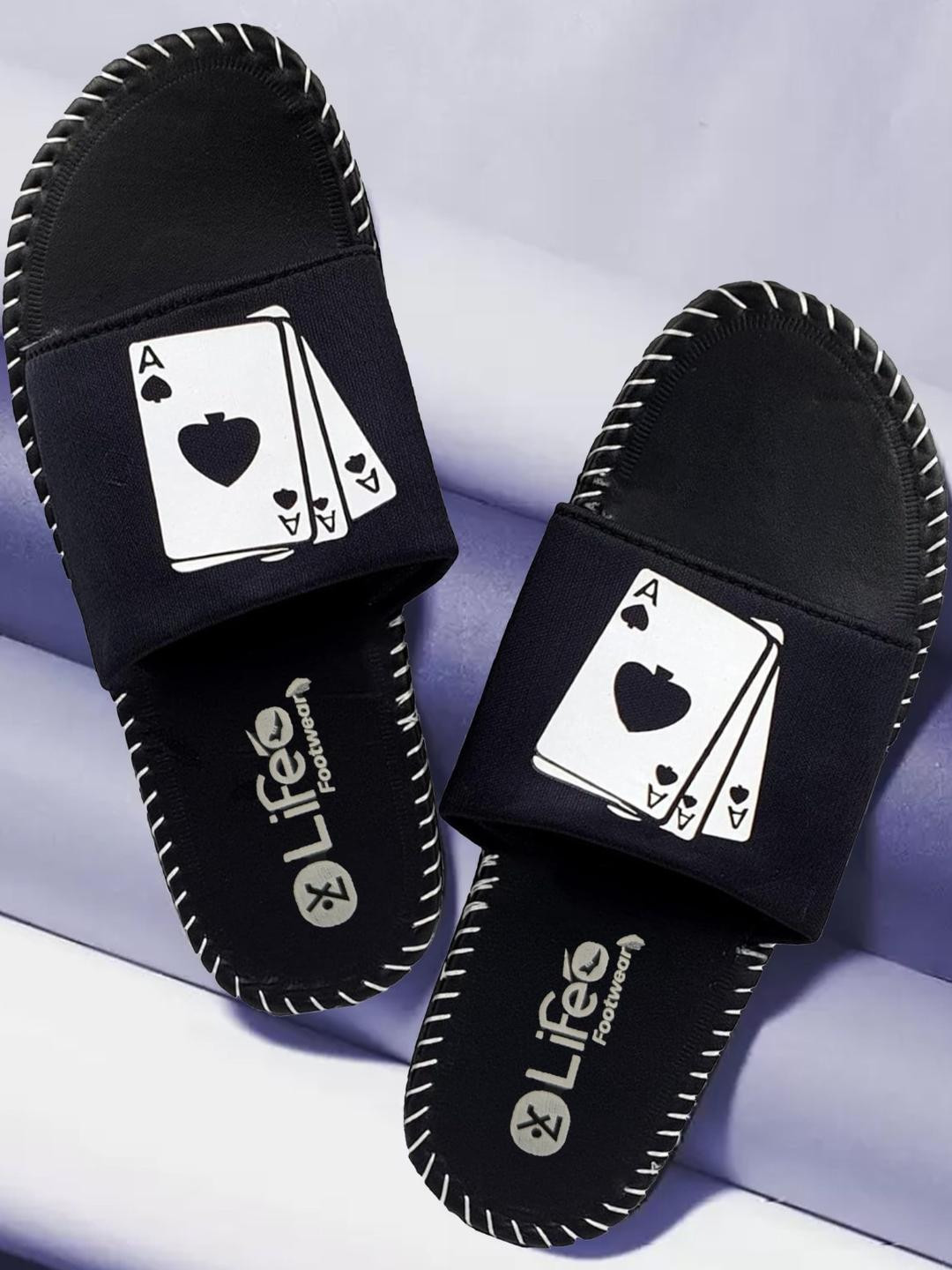 LIFA TRADERS Men Black & White Playing Cards Printed Synthetic Slip-On Comfort Sandals