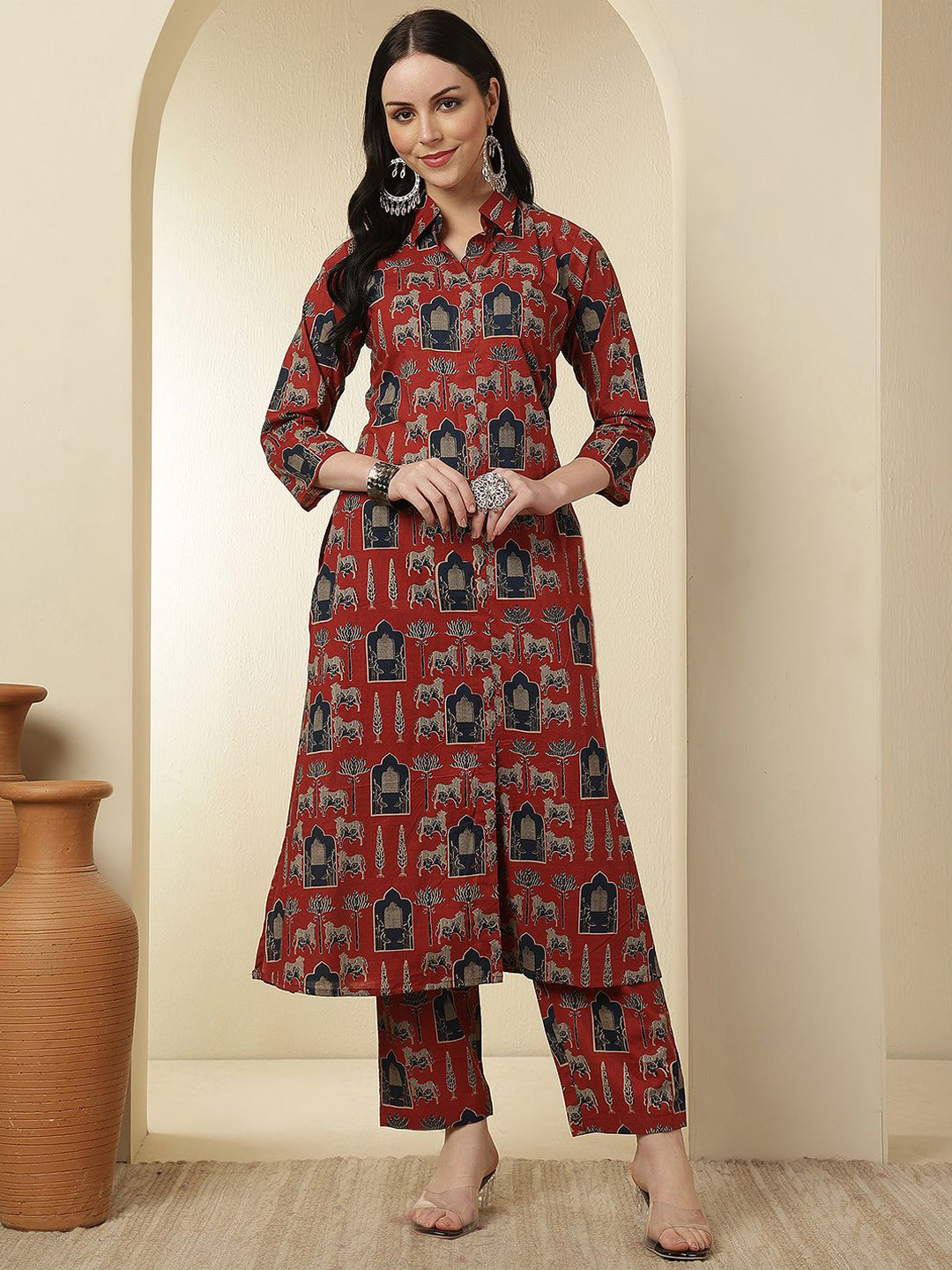 GLAM ROOTS Printed Collar Neck Tunic With Trousers Co-Ords