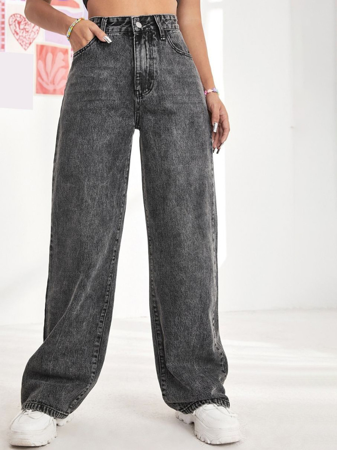 NU CLOTHS Women Comfort Baggy Fit High-Rise Heavy Fade Acid Wash Stretchable Jeans
