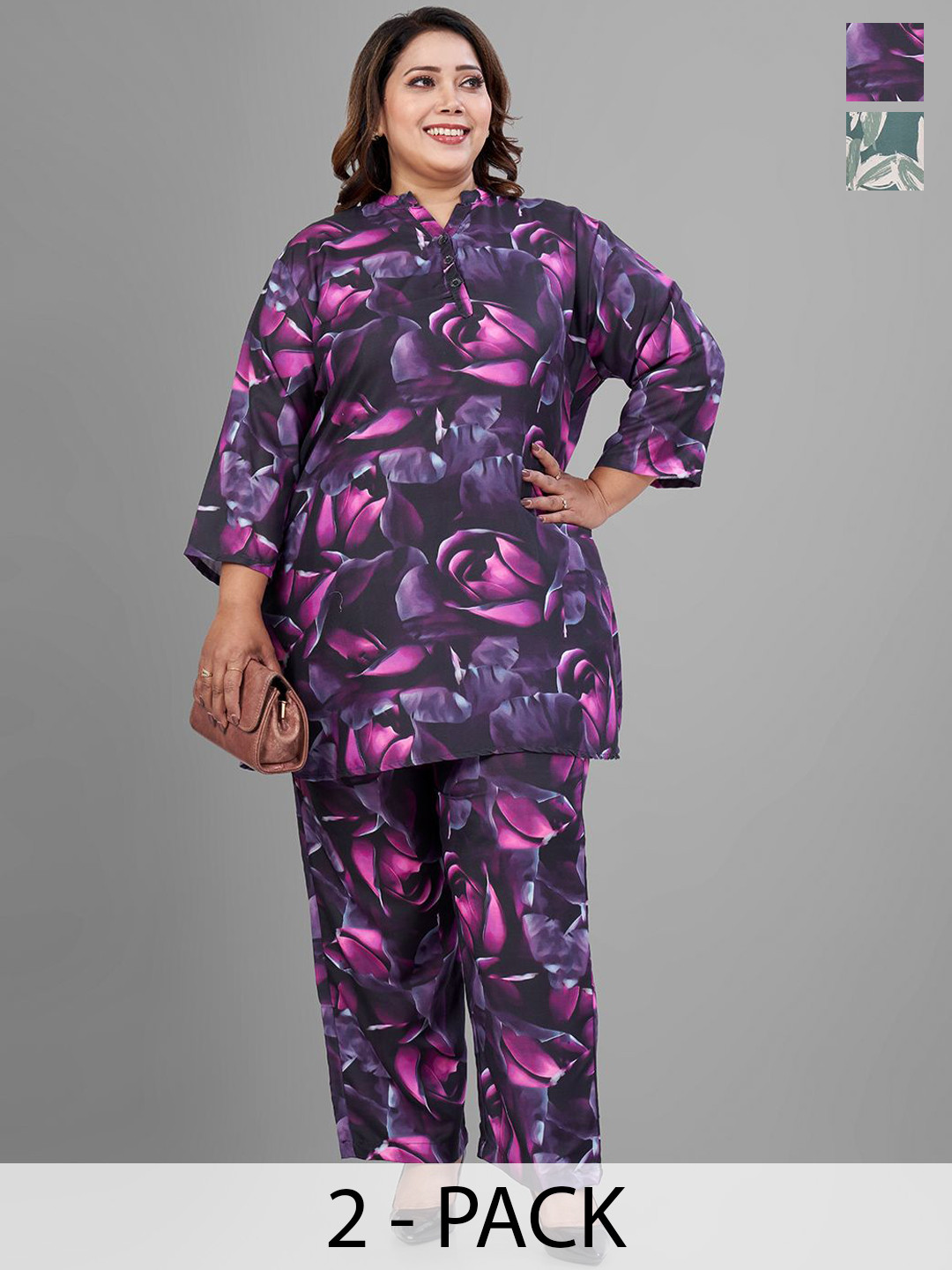 TITTLI Pack Of 2 Plus Size Floral Printed Mandarin Collar Tunic With Trousers