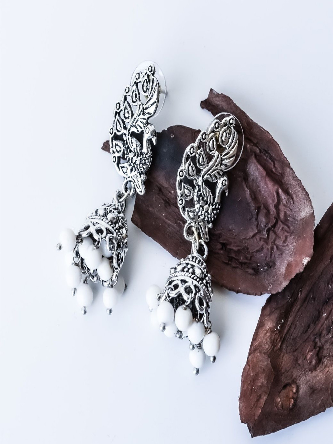 Shrim jewels Brass-Plated Opal Beaded Peacock Shaped Oxidised Jhumkas