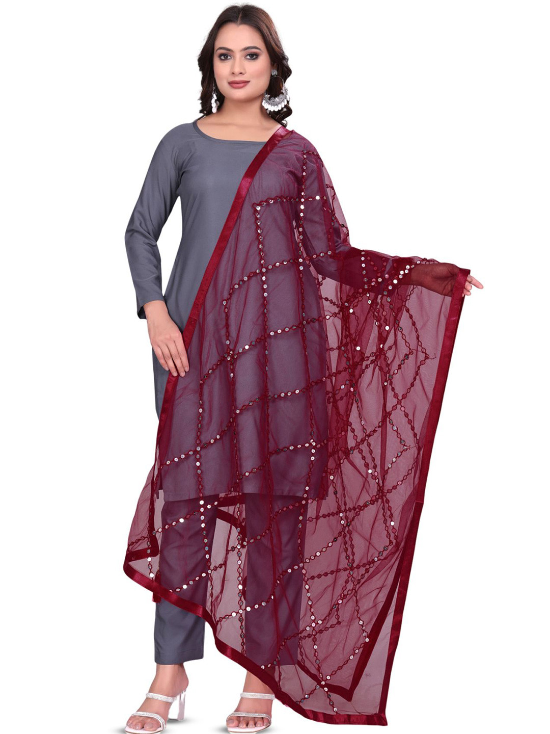 Kemza Embroidered Mirror Work Dupatta With Lace & Tassels