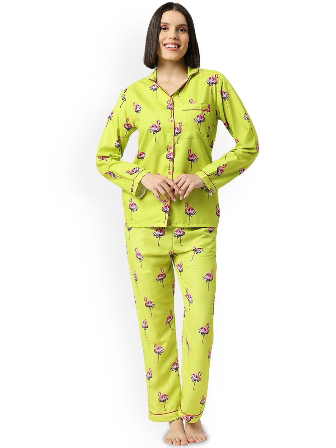 Pyjama Party Women Flamingo Printed Shirt & Pyjamas Night suit