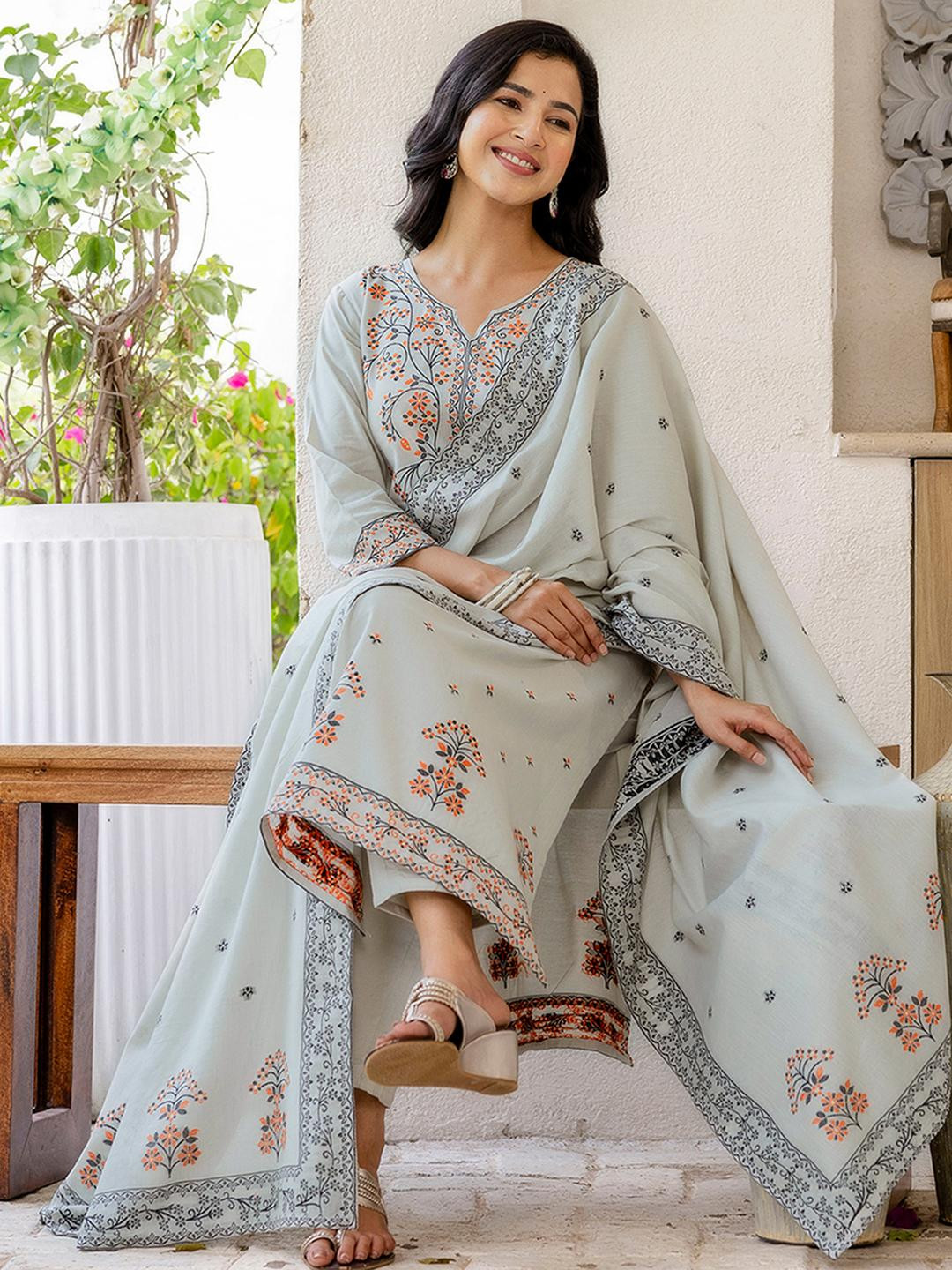 SANISA Women Grey Cotton Blend Kurta Sets