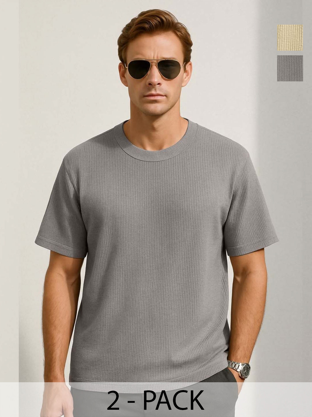 Organic Chics Men Pack of 2 Self Design Round Neck Cotton Oversized T-shirts