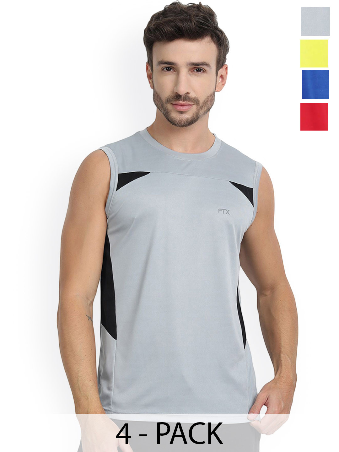 FTX Men Pack Of 4 Color Blocked Round Neck Gym Vests