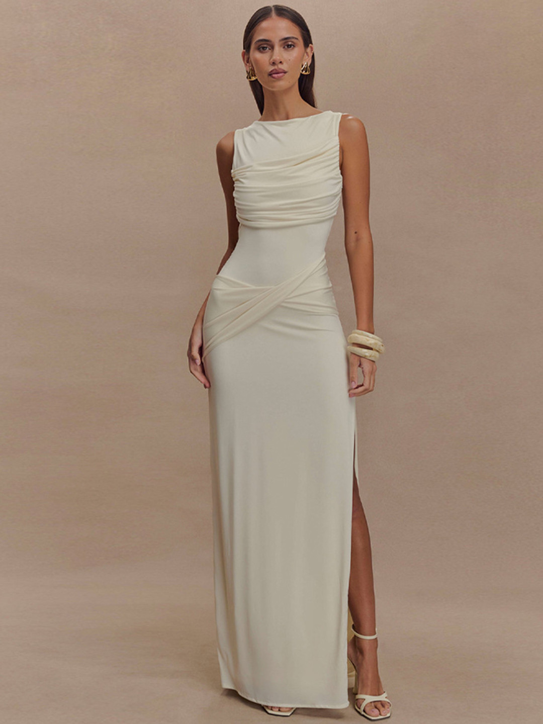 StyleCast x Revolte Women Slits Boat Neck Sleeveless Bodycon Maxi Dress