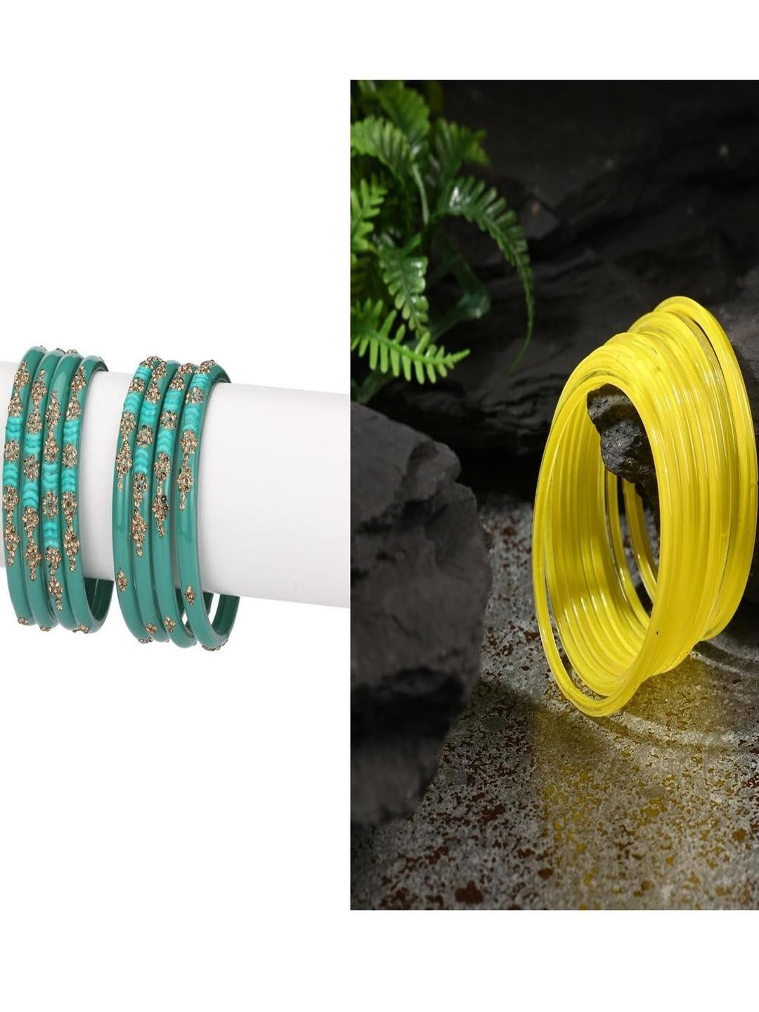 SOMIL Set Of 20  Turquoise Blue And Yellow Glass Artificial Stones & Beads Bangles