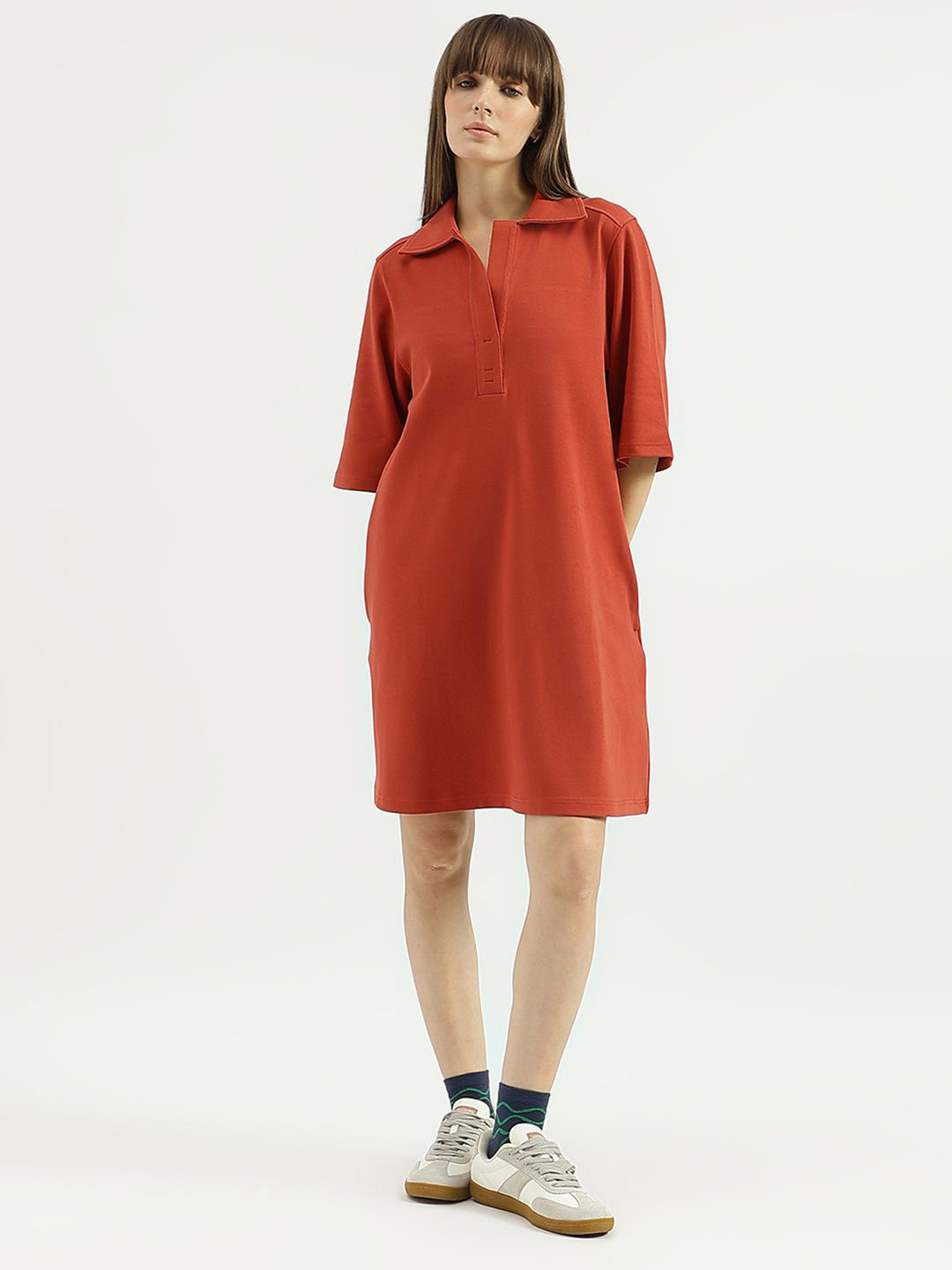 United Colors of Benetton Women Cotton Shirt Collar A-Line Dress