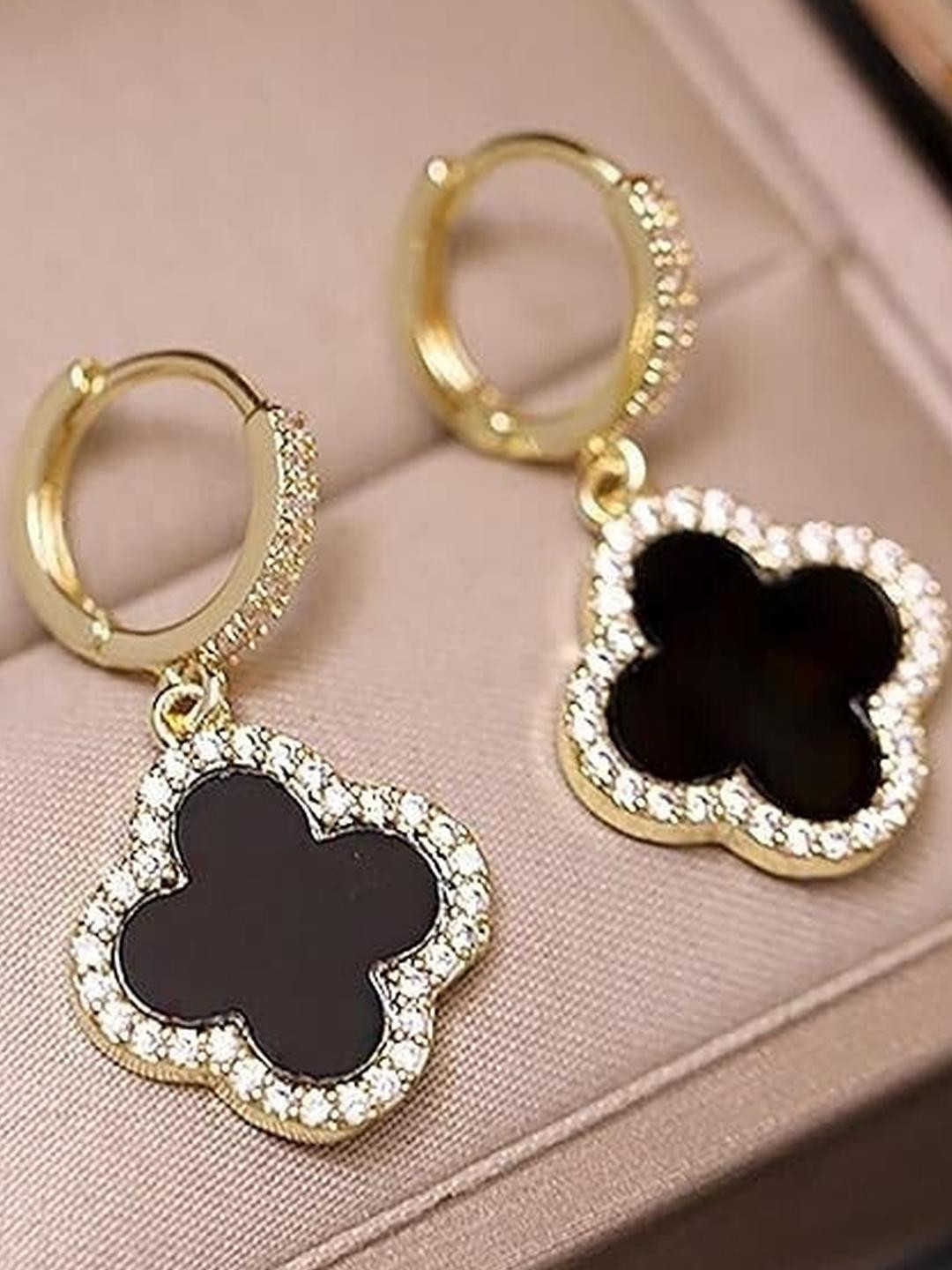 Khusha Creations Black Clover Charm Hoop Earrings with Gold-Tone Finish Earrings for Women