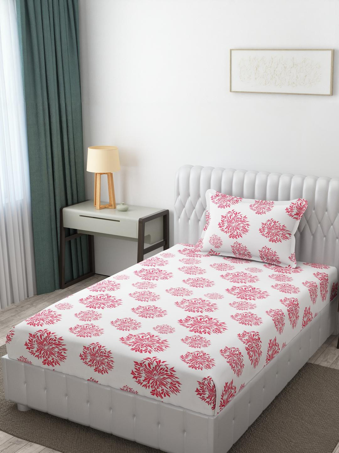 HIDECOR Pink & White Floral Print Microfiber 210 TC Single Bedsheet With 1 Pillow Cover