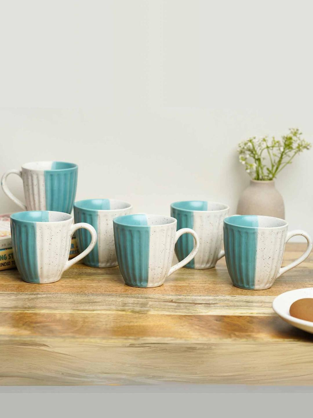 Localkala Green & Grey 6 Pieces Textured Ceramic Matte Cups