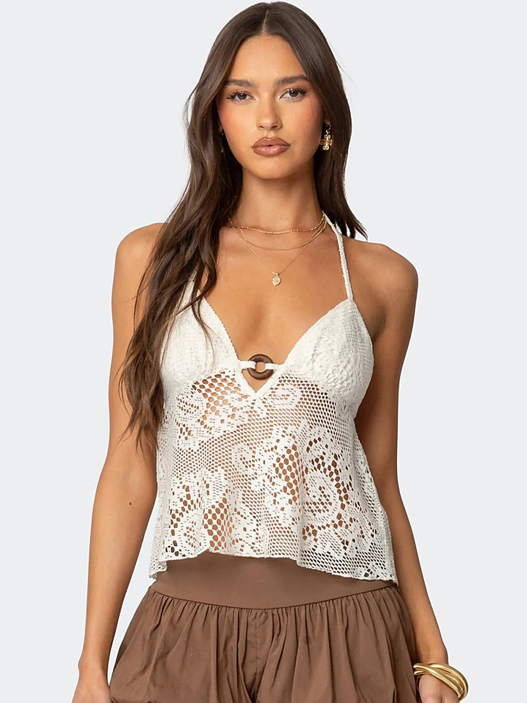 LULU & SKY Women Self-design Halter Neck Backless Crop Top