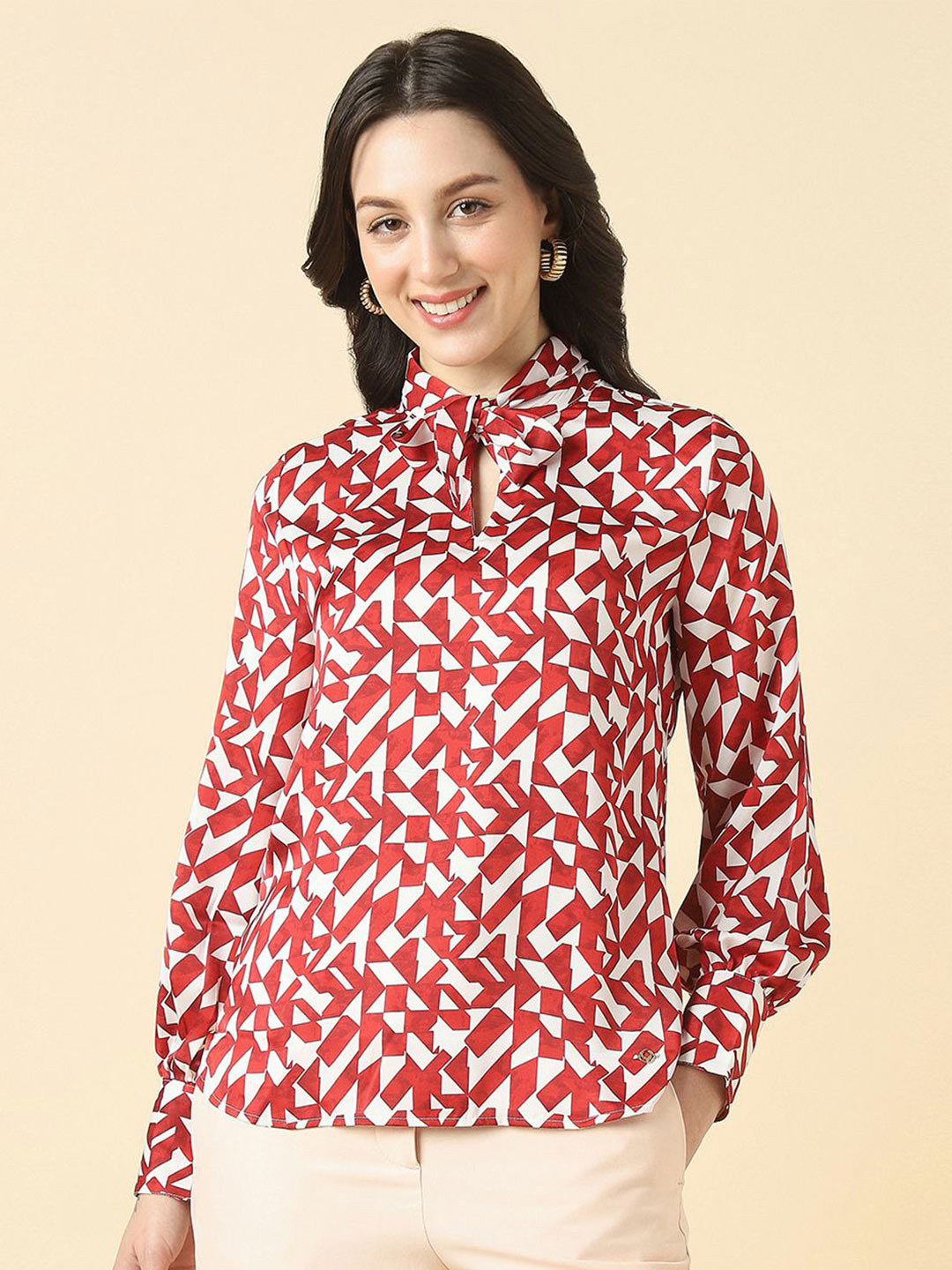 Allen Solly Woman Geometric Printed Long Sleeve Tie-Up Neck Top