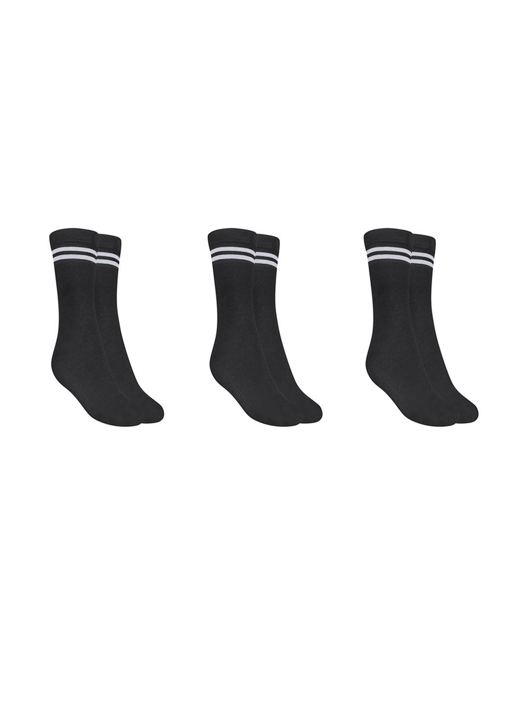MUKHAKSH 3 Pairs Girls Kids Calf Length School Uniform Black Socks with White Stripes