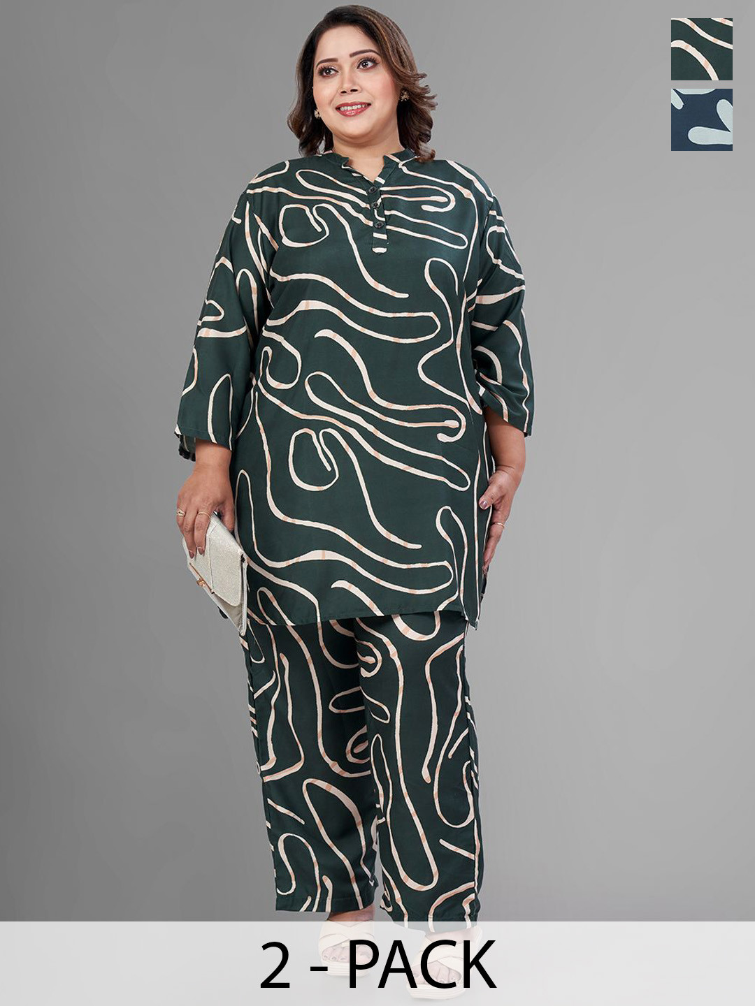TITTLI Pack Of 2 Plus Size Printed Mandarin Collar Tunics & Trousers
