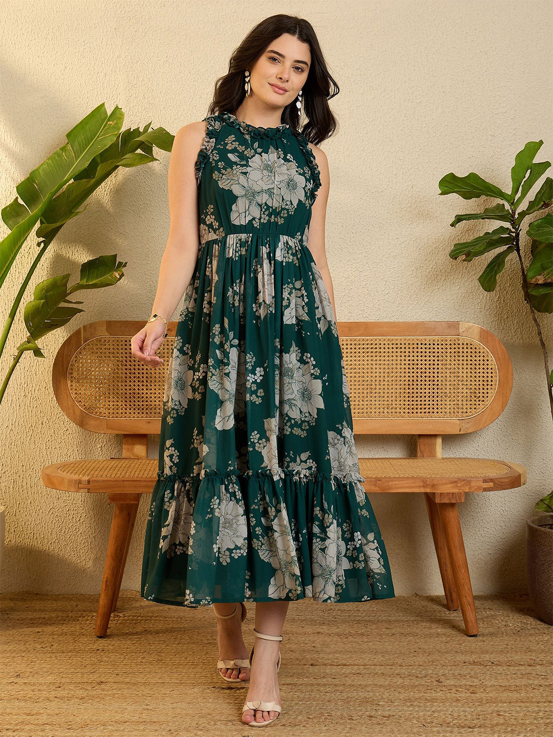 OCTICS Women Floral Print Choker Neck Georgette A-Line Midi Dress