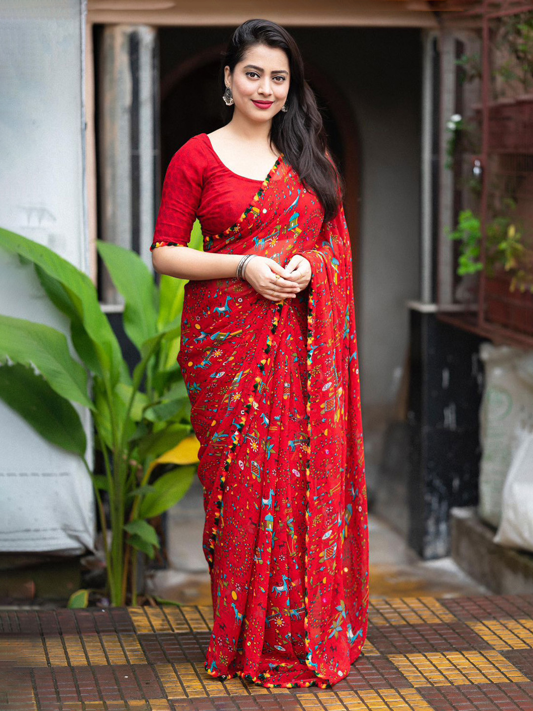 DIVASTRI Warli Print Pure Georgette Saree with Unstitched Blouse Piece