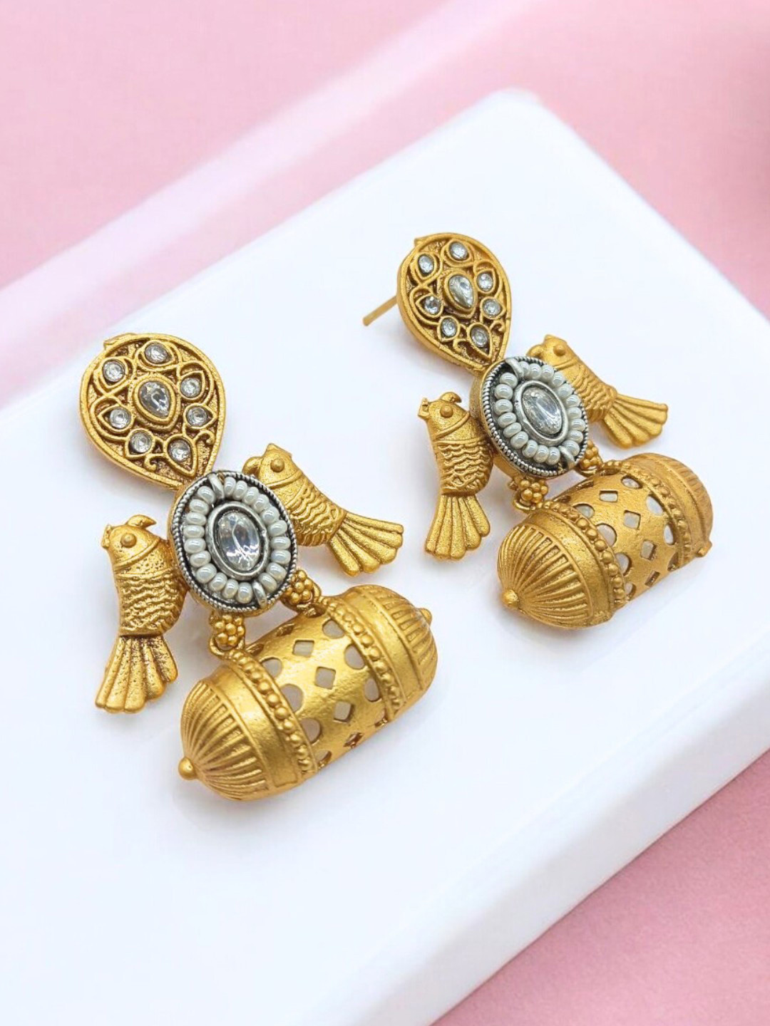 IKSAVA Gold-Plated Kundan Studded And Beaded Parrots Shaped Antique Drop Earrings