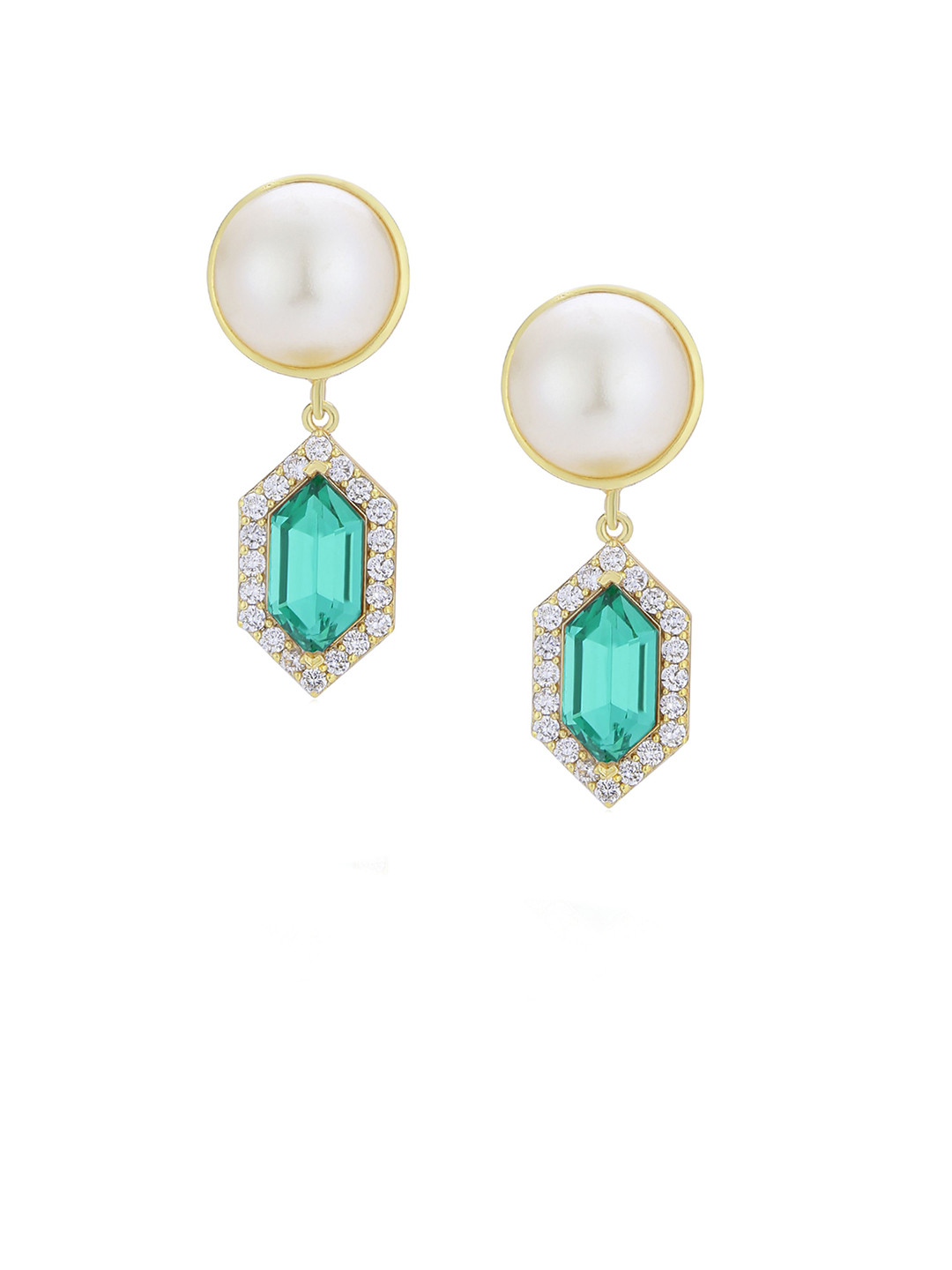 BBlingg Gold-Plated Artificial Stones Emerald & Pearls Studded Circular Drop Earrings