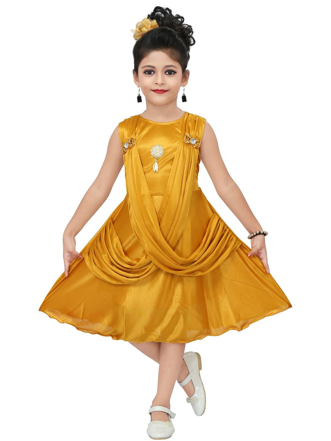CHANDRIKA Girls Mustard Embellished Satin Fit & Flare Dress