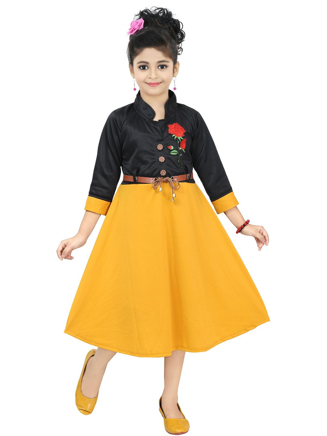 CHANDRIKA Girls Black & Mustard Rose Applique Design Fit & Flare Midi Dress