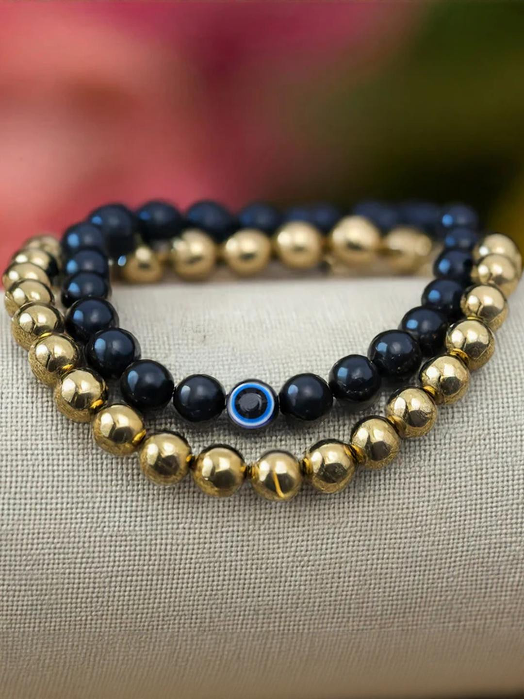 SENROAR Unisex Set of 2 Black Agate & Gold-Toned Beaded Bracelet