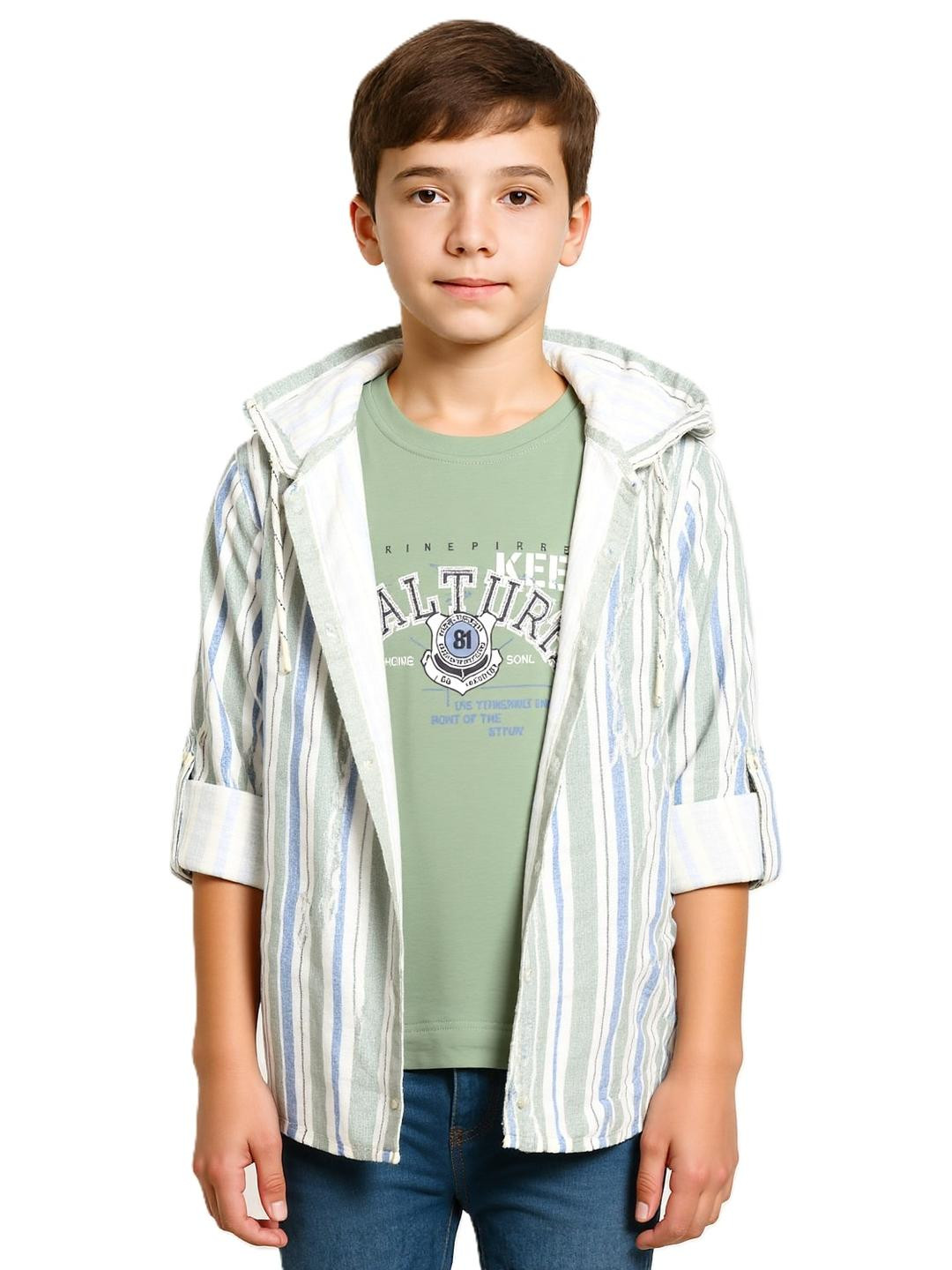 CAVIO Boys Green Comfort Multi  Full Sleeves Hood Striped Casual Cotton Shirt
